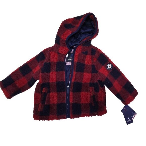 Ben Sherman Kids Hooded Plaid Sherpa Jacket With Zipper Red & Black Size 2T - Picture 3 of 12